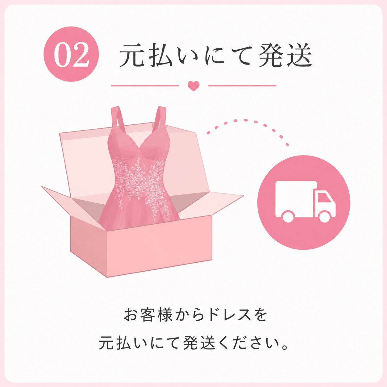 02 元払いにて発送 お客様からドレスを元払いにて発送ください。